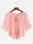 Romwe Pink Crochet Trim Feathered Tie Neck Top