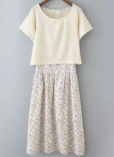 Romwe Round Neck Top With Pastel Floral Print Beige Dress