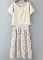 Romwe Round Neck Top With Pastel Floral Print Beige Dress