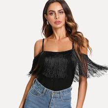 Romwe Open Shoulder Fringe Embellished Tee