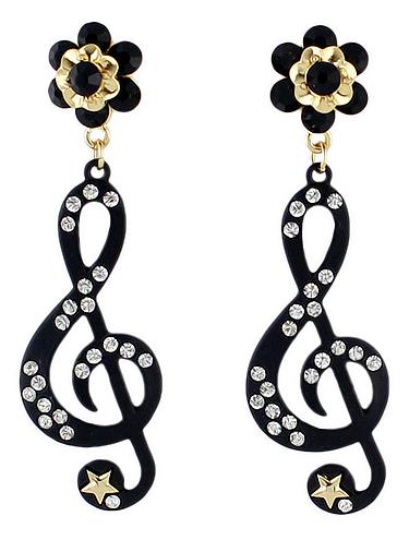 Romwe Black Note Diamond Gold Earrings