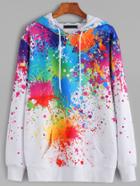 Romwe White Paint Splatter Print Drawstring Hooded Pocket Sweatshirt