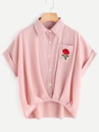 Romwe Floral Embroidered High Low Cuffed Shirt With Chest Pocket