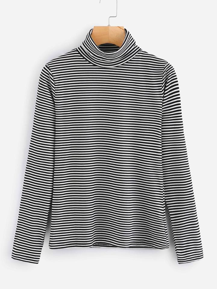 Romwe High Neck Striped Tee