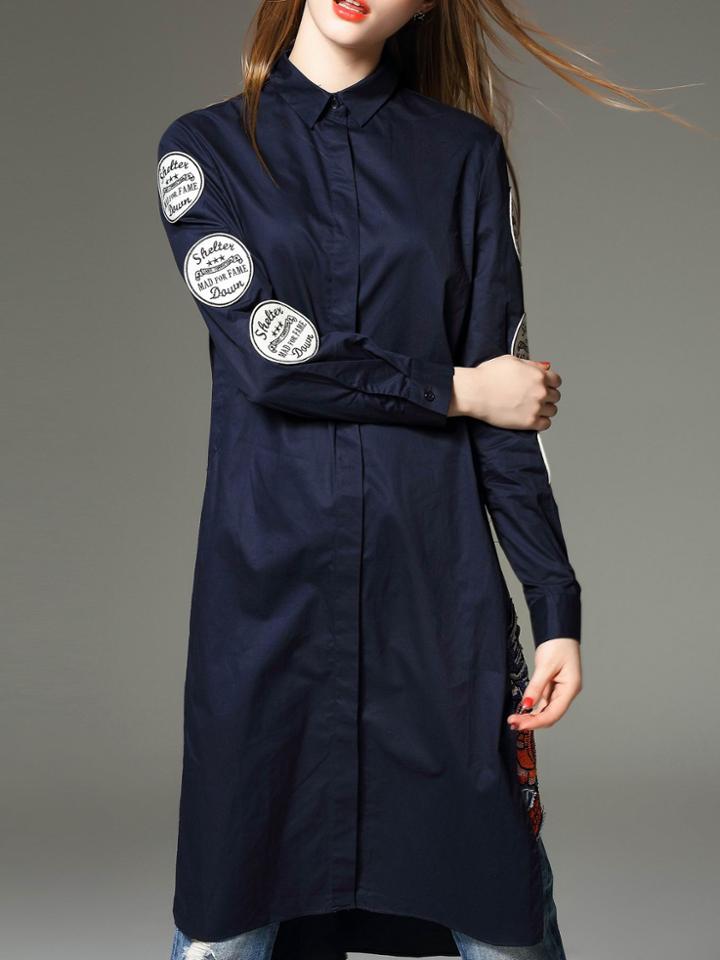 Romwe Navy Lapel Applique Pouf Split Blouse