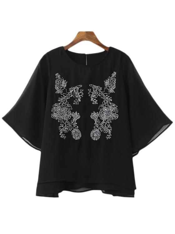 Romwe Black Bell Sleeve Keyhole Back Embroidery Blouse