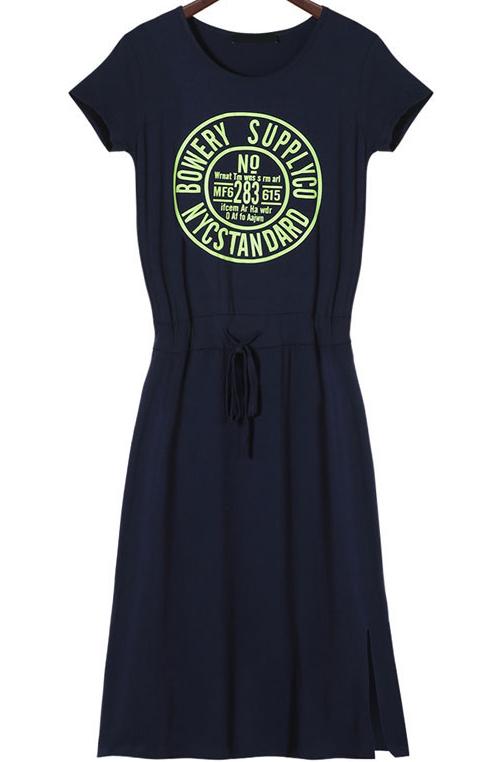 Romwe Drawstring Waist Letters Print Split Blue Dress