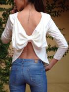 Romwe White Pussy Bow Cut Out Back Blouse