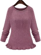 Romwe Round Neck Folds Ruffle Pale Purple Sweater