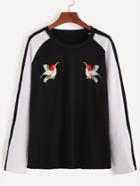 Romwe Color Block Bird Embroidery Raglan Sleeve T-shirt