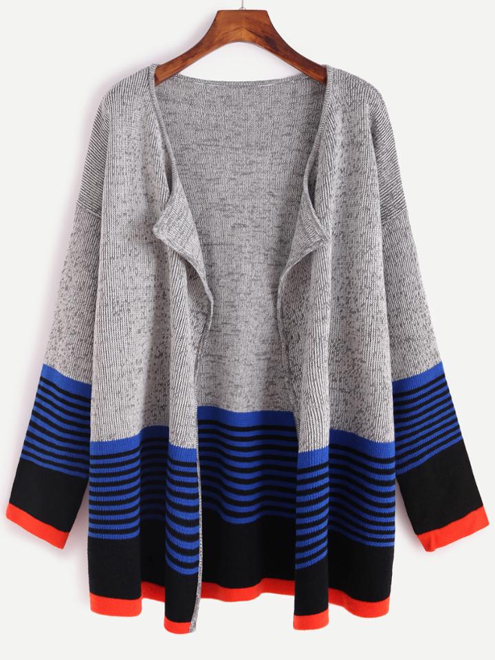 Romwe Color Block Lapel Long Sleeve Cardigan