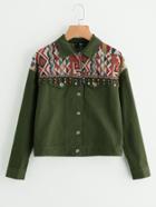 Romwe Beading Fringe Trim Jacquard Yoke Jacket