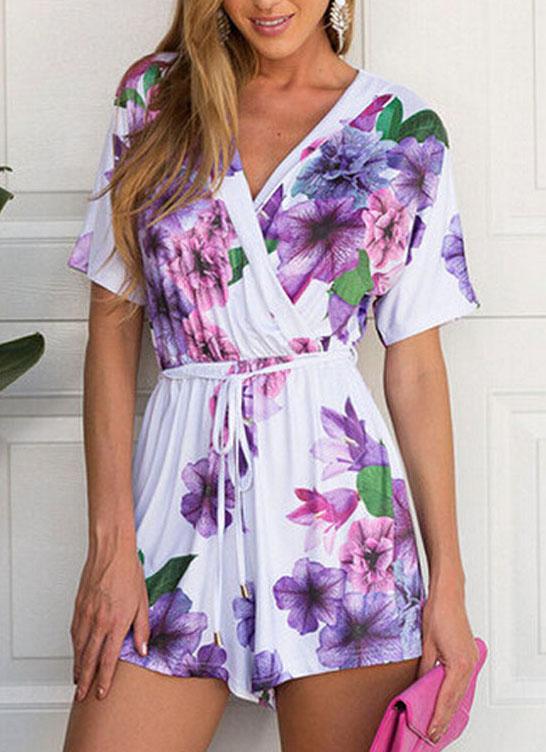 Romwe V Neck Lace Up Florals Jumpsuit