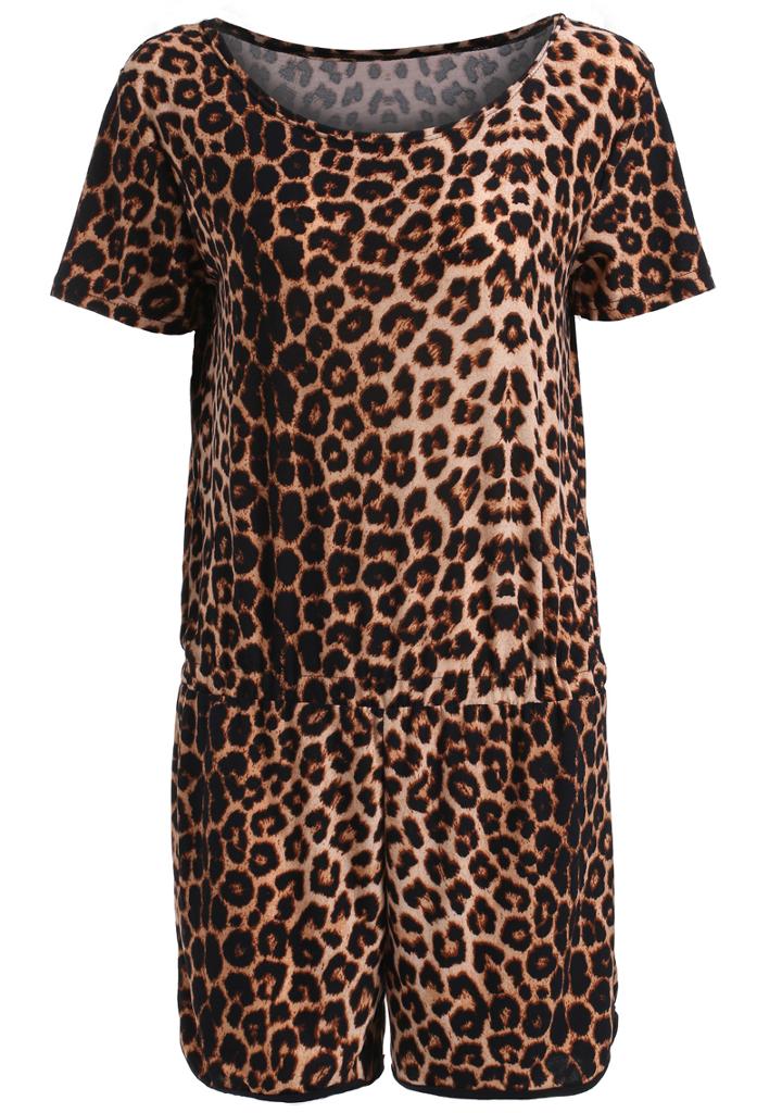 Romwe Round Neck Short Sleeve Leopard Jumpsuit