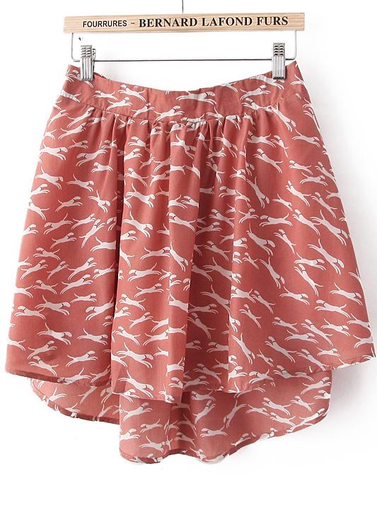 Romwe Pink Dog Print High-low Skirt