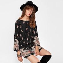 Romwe Feather Print Raglan Sleeve Tunic Dress