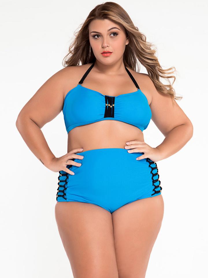 Romwe Plus Size Beaded Macrame Embellished Bikini Set - Blue