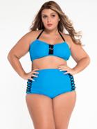 Romwe Plus Size Beaded Macrame Embellished Bikini Set - Blue