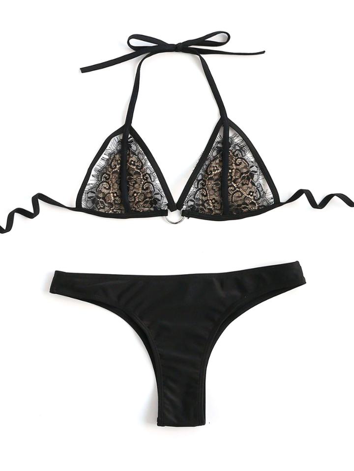Romwe Black Eyelash Lace Detail Halter Bikini Set
