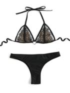 Romwe Black Eyelash Lace Detail Halter Bikini Set