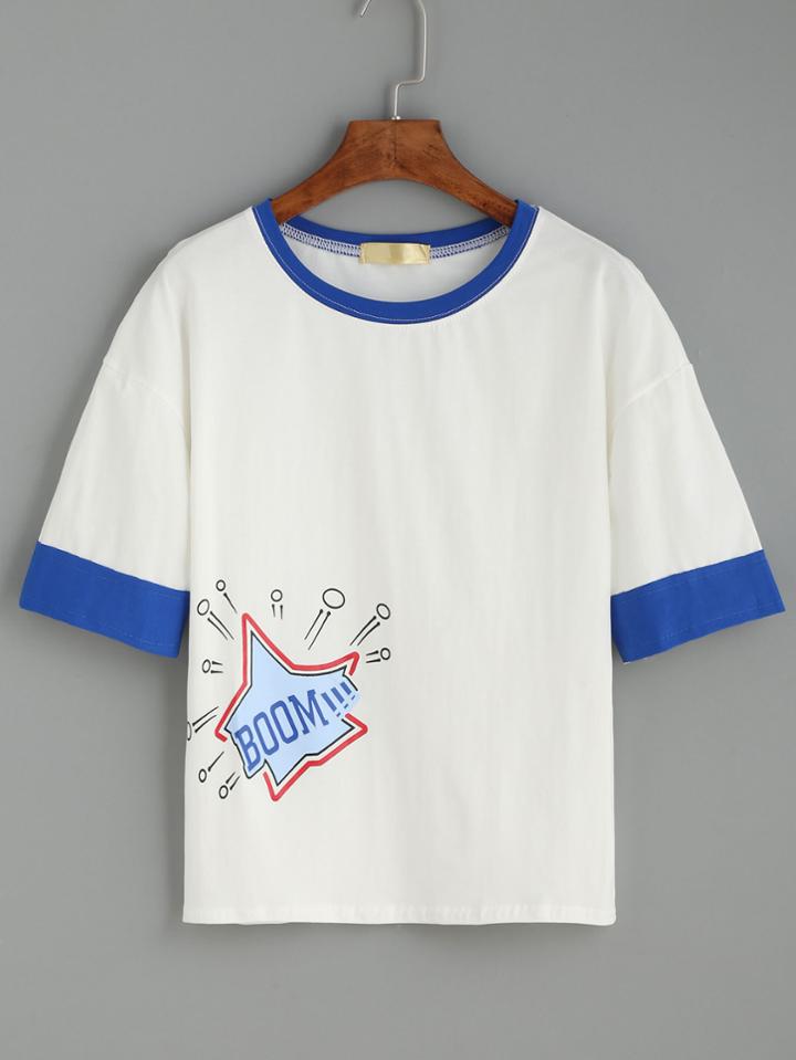 Romwe White Letter Print Contrast Trim T-shirt