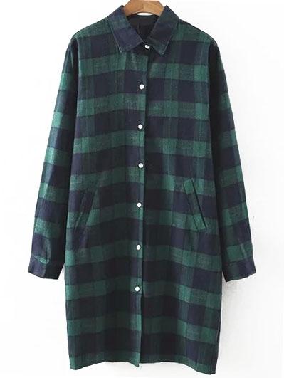 Romwe Green Plaid Dual Pockets Shirt Dress