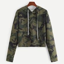 Romwe Letter Tape Camo Print Hoodie