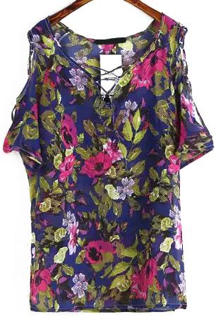Romwe Open Shoulder Tropicals Print Navy Top
