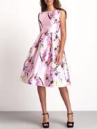 Romwe Pink Crew Neck Sleeveless Floral Flare Dress
