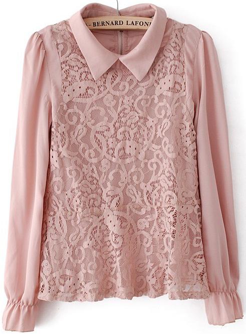 Romwe Lapel Lace Pink Blouse