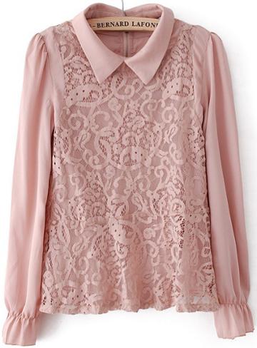 Romwe Lapel Lace Pink Blouse