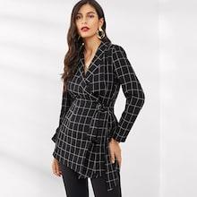 Romwe Shawl Collar Knotted Grid Wrap Coat