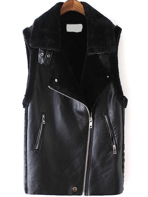 Romwe Women Lapel Zipper Black Vest