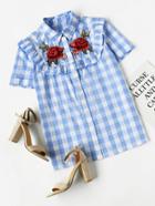 Romwe Frill Trim Rose Patch Checkered Blouse