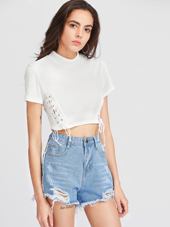 Romwe White Lace Up Side Ribbed Crop T-shirt