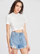 Romwe White Lace Up Side Ribbed Crop T-shirt