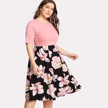 Romwe Plus Flower Print Combo Dress