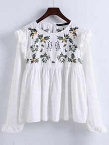 Romwe Embroidery Ruffle Trim Pleated Blouse