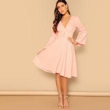 Romwe Plunging Neck Bell Sleeve Button Front Dress