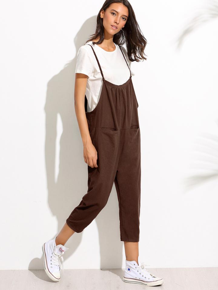 Romwe Brown Peg Leg Cami Jumpsuit