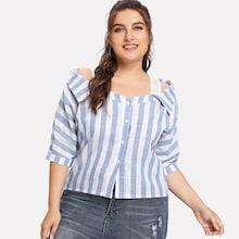 Romwe Plus Striped Cold Shoulder Button Blouse