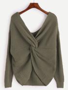 Romwe Army Green V Neck Knot Sweater