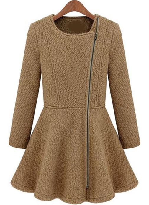 Romwe Zipper Ruffle Woolen Camel Coat