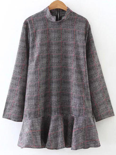 Romwe Grey Plaid Band Collar Drop Waist Dress