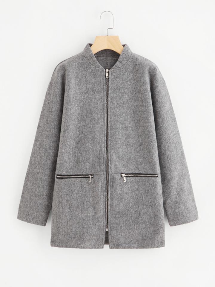 Romwe Drop Shoulder Zipper Tweed Coat