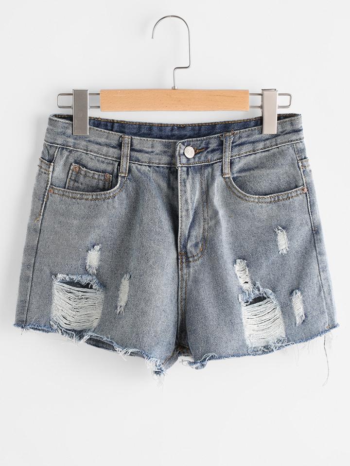 Romwe Bleach Wash Destroyed Raw Hem Shorts