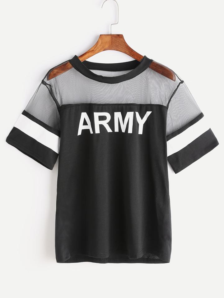 Romwe Army Print Contrast Mesh Tee