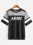 Romwe Army Print Contrast Mesh Tee