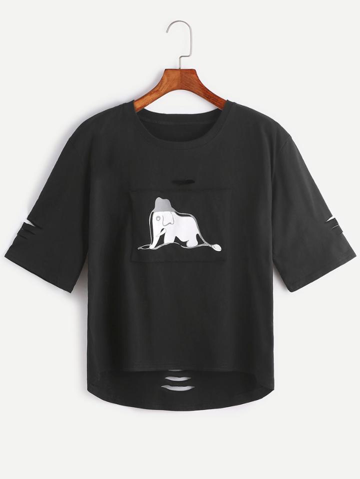 Romwe Black Elephant Print Patch Dip Hem Ripped T-shirt