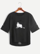 Romwe Black Elephant Print Patch Dip Hem Ripped T-shirt